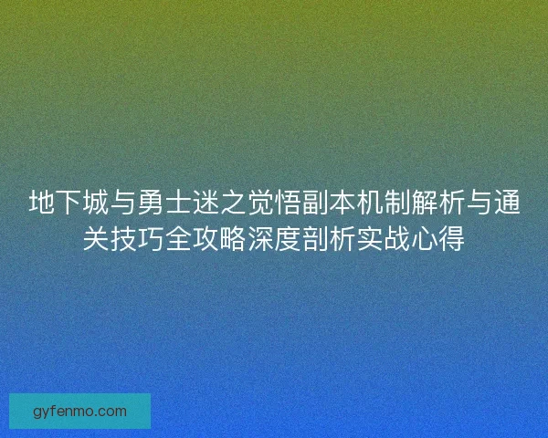 地下城与勇士迷之觉悟副本机制解析与通关技巧全攻略深度剖析实战心得